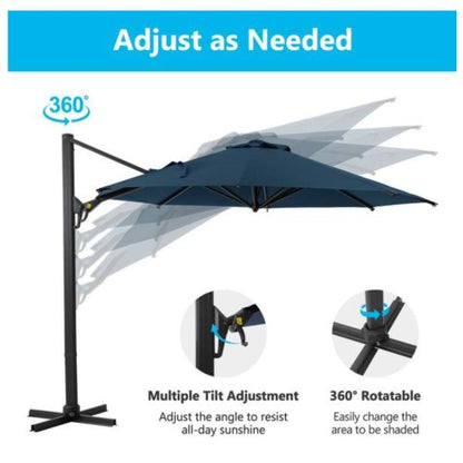 11 Ft Blue Round Large Cantilever Patio Umbrella with 360° Rotation & Tit Adjustment and Heavy Duty Offset Polyester Canopy Deck Umbrella.
