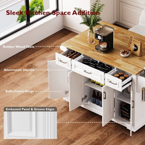 54 Inch Rolling Kitchen Island with Drop Leaf Drawers & Wheels White