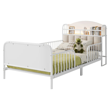 Twin Size Metal Platform Bed Frame with Light, Kids Twin Metal Bed with Upholstered and Storage Headboard, White
