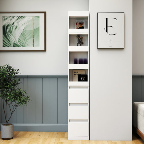 70.87''H Modern Tall Wooden Storage Cabinet 4-Tier Shelves & Side Drawers Home Bookcase