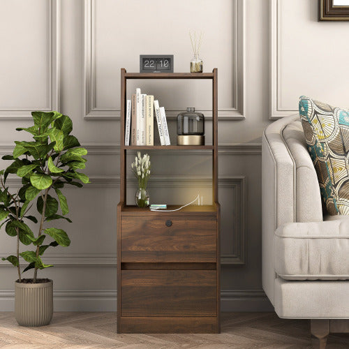 Nightstand with Charging Station, Smart Nightstand with Night Light, Modern Night Stand with Bookshelf, Bedside Tables with Storage Cabinet for Bedroom, Wood