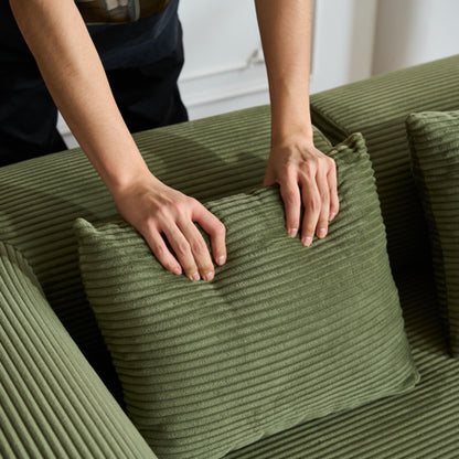 59-Inch Green Corduroy Convertible Sleeper Sofa-Bed Fixed-Shape Metal-Frame Floor Lounge Couch with Cylindrical Pillow No-Assembly