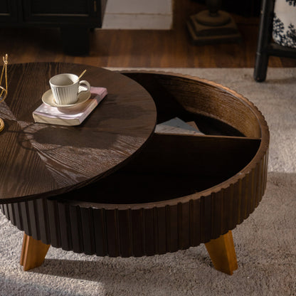 31.5inch  Retro Round Coffee Table Storage MDF Solid Wood Legs Living Room Accent Brown