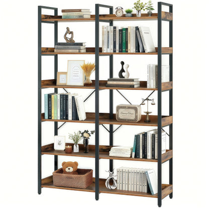 67 Inch 6 Tier Industrial Wooden Open Bookshelf Metal Frame Home Display Rack
