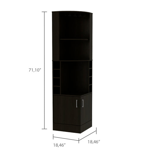 Corner Bar Cabinet, Eight Bottle Cubbies, Double Door, Two Open Shelves -Black