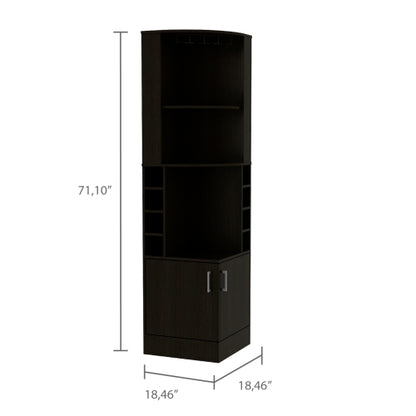 Corner Bar Cabinet, Eight Bottle Cubbies, Double Door, Two Open Shelves -Black