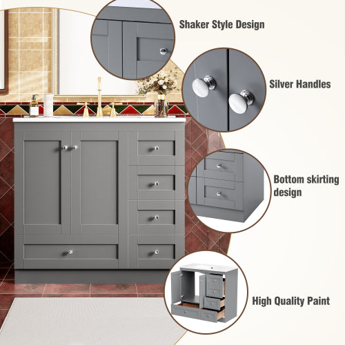 36 inch Shaker Style Free-Standing Bathroom Vanity Cabinet with Ceramic Sink, 4 Soft-close Drawers and 2 Soft-close doors