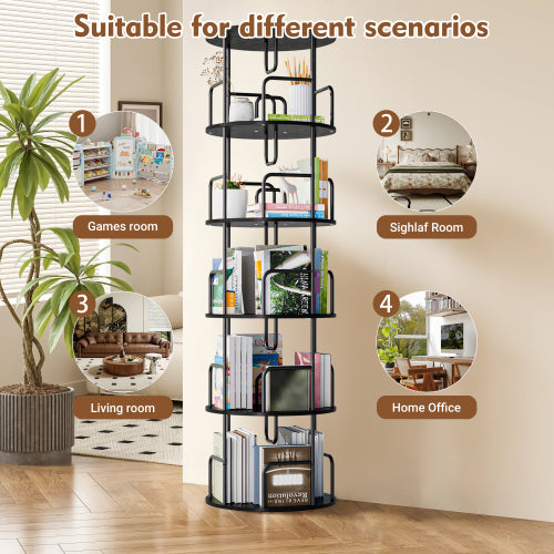 Black 5-Tier 360¡ã Rotating Bookshelf Tower Stable Metal Frame Vertical Round Home Bedroom Storage Rack