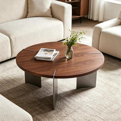 Round Coffee Table, Walnut Wood Top with Black Metal Feet, Eco-Friendly Formaldehyde-Free Accent Table