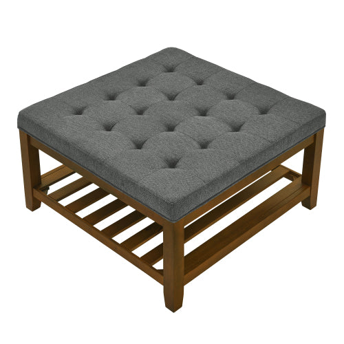 33.5 inch Dark Gray Tufted Linen Square Ottoman Coffee Table, Beech Wood Frame Storage Footrest Ottoman