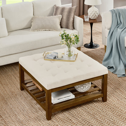 Upholstered Coffee Table Tufted Linen Large Square Ottoman with Beech Wood Shelf and Frame, Oversized Footrest Ottoman for Living Room,Office,Bedroom,Outdoor IVORY