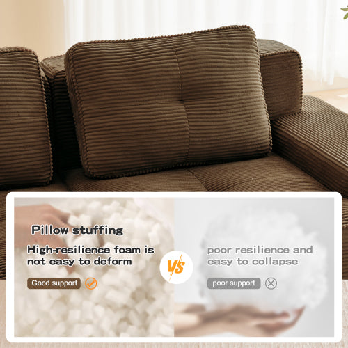 82-Inch Brown Corduroy L-Shaped Modular Sectional Tufted Sofa with Movable Ottoman No-Assembly