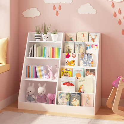 White 4-Tier Multi-functional Kids Wooden Bookshelf, MDF 2-Shelf 1-Bin Toddler Bedroom Storage Organizer