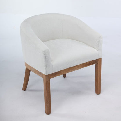 Single Beige Mid-Century Barrel Linen Arm Dining Chair, Farmhouse Style, Natural Rubberwood Frame