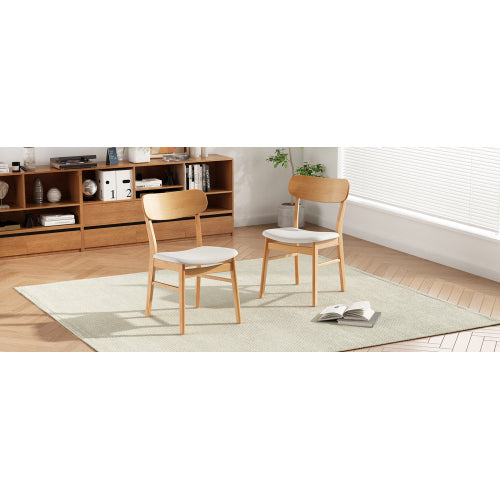 Set of 2 Minimalist Light Beige Fabric Dining Chairs, Natural Oak Finish Solid Rubberwood Legs