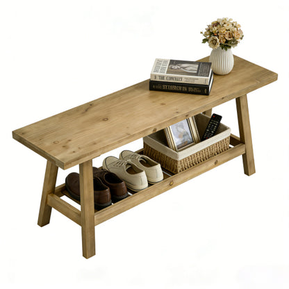 43inch  Farmhouse Wood Bench, 2-Tier Entryway Bench, Narrow Rustic Storage Bench with Open Storage Shelf for Entryway, Hallway, Living Room, Bedroom, Kitchen, Dining (Distressed Wood Color)
