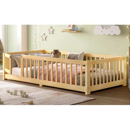Twin Size Bed Floor Bed with Safety Guardrails and Door for Kids, Natural