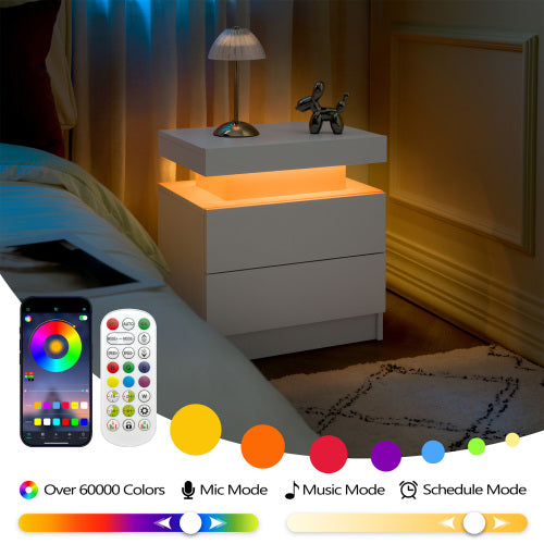 Set of 2 White LED Nightstands with Drawers