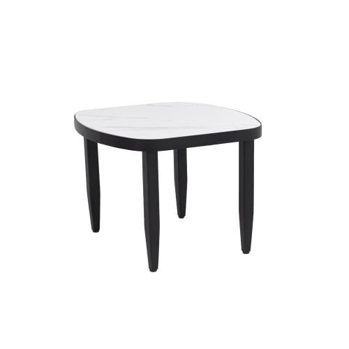 Modern Outdoor Elegance Arc 23.6''Side Table with Greek White Marble-Inspired Sintered Stone Top, Aluminum Frame,Ember Black Finish, Post Tapered Legs & Rounded Corners,Weatherproof & Rust-Free