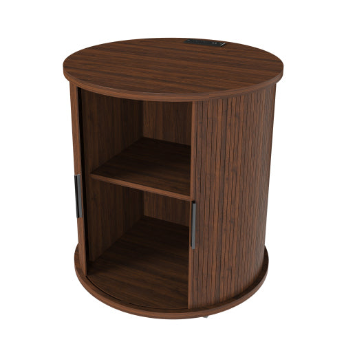 Walnut Cylinder Nightstand, Mid-Century Round Side Table with Charging Station & Sliding Door