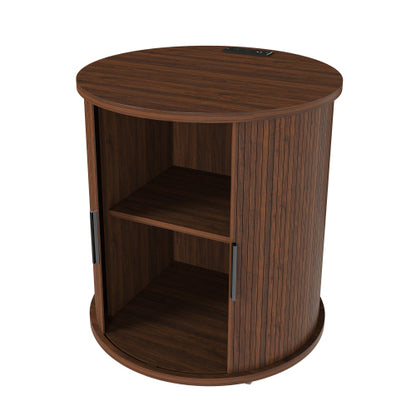 Walnut Cylinder Nightstand, Mid-Century Round Side Table with Charging Station & Sliding Door