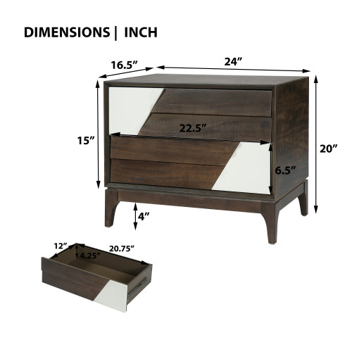 Brown & Cream White Japandi Nightstand, 2-Drawer Angled Patchwork Bedside Table with Tapered Legs