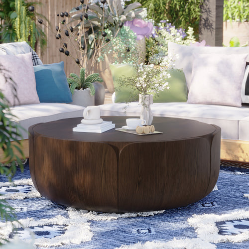 35.63" Round Outdoor Indoor Coffee Table, Modern Wood Grain Drum Center Table, Sturdy MGO (Magnesium Oxide) Waterproof, No-Assembly Table for Patio, Garden, Backyard, Living Room (Brown)