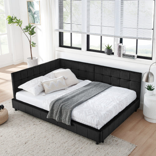 Full Size Upholstered Tufted  Bed Frame, Sofa Bed Frame with Comfortable Backrest and Armrests, Full Size Bed for Bedroom, Living Room,Velvet, Black(80.5inch *59inch *30.5inch )
