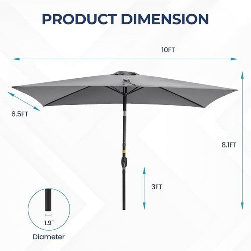 6.5 x 10 ft Gray Rectangular Patio Umbrella with Crank, Tilt, Polyester UV-Resistant Canopy for Pool, Backyard & Patio (Without base)