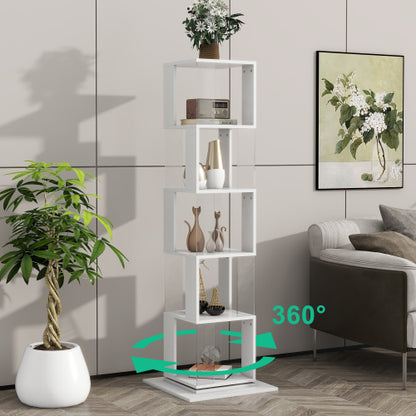 5-Tier 360° Rotating Bookshelf Wood Veneer & Acrylic Panel Anti-Tip Base Modern Home Display Storage Rack