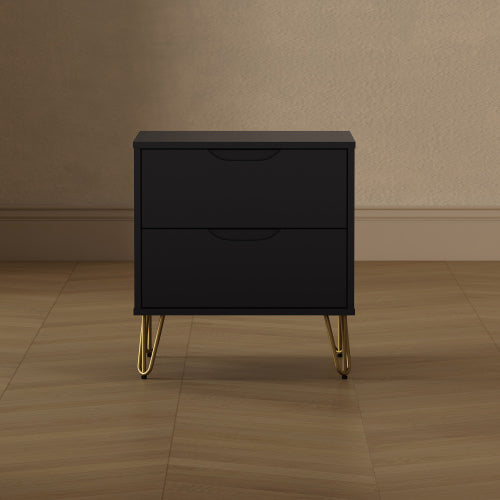 Black Modern Nightstand, 2 Drawers & Metal Legs