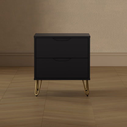 Black Modern Nightstand, 2 Drawers & Metal Legs