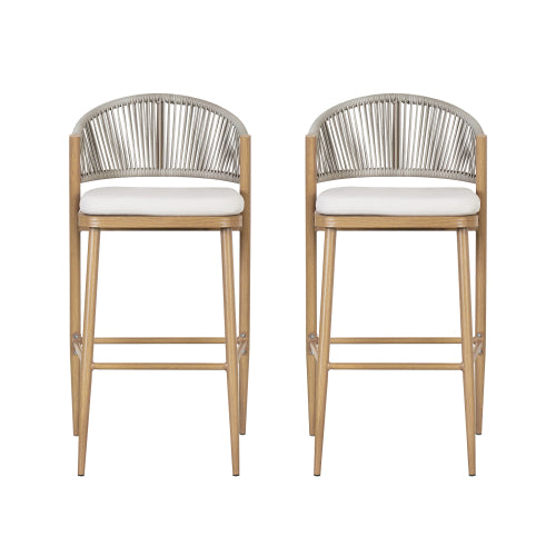 Outdoor 30.25" Seat Height Aluminum Frame Barstools with PE Rattan Scallop-shaped Backrest, Set of 2, Maple Finish