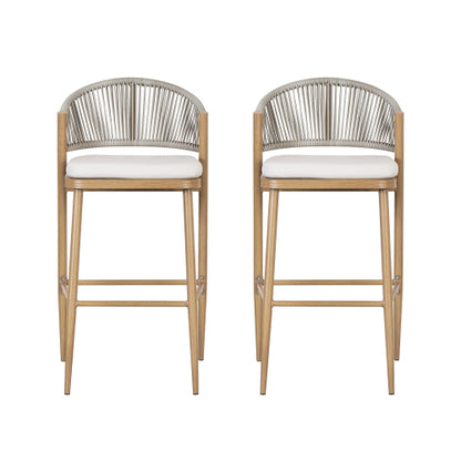 Outdoor 30.25" Seat Height Aluminum Frame Barstools with PE Rattan Scallop-shaped Backrest, Set of 2, Maple Finish