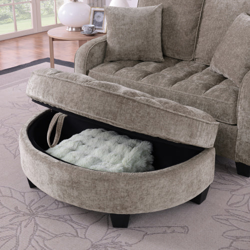 Brown 2-Seater Irregular-Shape Sofa Chaise, Storage Footrest, 2 Throw Pillows