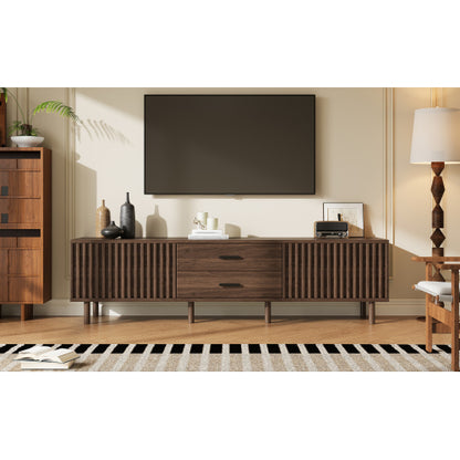 70.8 inch Dark Brown Slatted TV Stand Solid Pine Leg Media Console Fits Up To 80 Inch TV