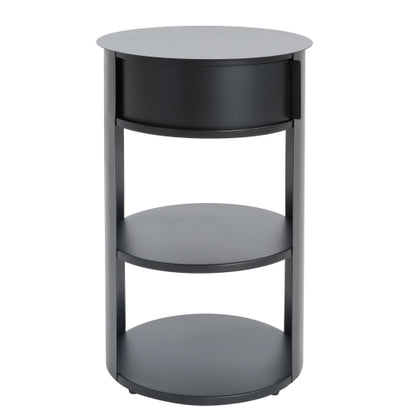 3-Tier Metal Round Side Table with Cabinet, Matte Black