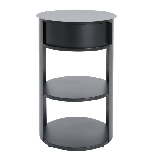 3-Tier Metal Round Side Table with Cabinet, Matte Black