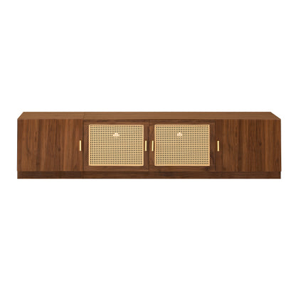 78.7 Inch Walnut TV Stand with Rattan Doors & Adjustable Shelves for 85 Inch TV