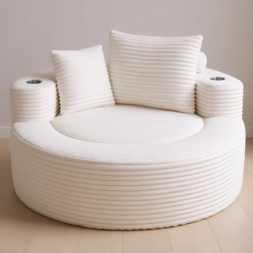 White Round Memory-Foam Sofa Bed with 3 Pillows & Cup Holder