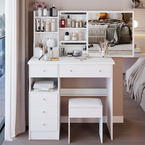 37inch  Middle Size Left Drawer Desktop Vanity Table + Cushioned Stool, Extra Large Right sliding mirror, Multi Layer High Capacity Storage, Practical Fashionable Dresser, Suitable For Large Space