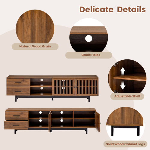 78.7 inch Walnut Slatted Door TV Stand Deep Drawers Solid Rubber Wood Legs Holds 85 inch TV