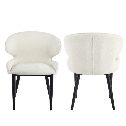 Shell Back Fabric Dining Chairs with Black Metal Legs, Set of 2, Beige