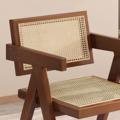 Modern Mid Century Rattan Accent Dining Chair with Armrests, Brown Finish for Living Room & Dining Room