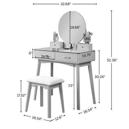 Contemporary Purple Wood Vanity and Stool Set, Round Mirror, Rubberwood Frame, 32.68 inch W