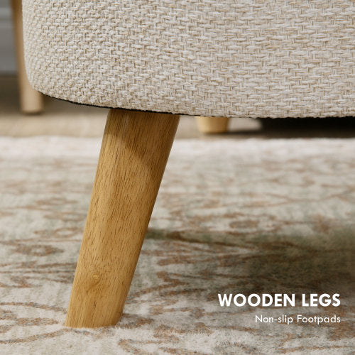 Cream White Round Linen Storage Ottoman, Cushioned Top Oak Leg Stool, 15.25 inch, 264 LBS Capacity