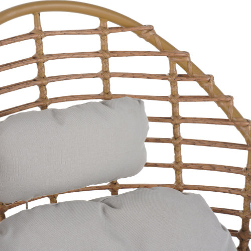 Ellis Outdoor Wicker High-back Swivel Lounge Chair, Teak Finished Leg, Light Brown Faux Rattan and Beige Cushion