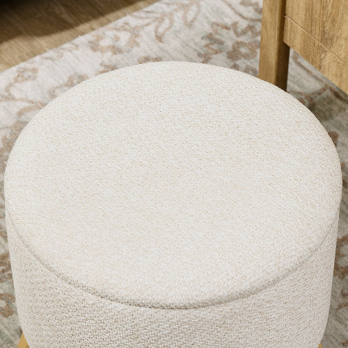 Cream White Round Linen Storage Ottoman, Cushioned Top Oak Leg Stool, 15.25 inch, 264 LBS Capacity