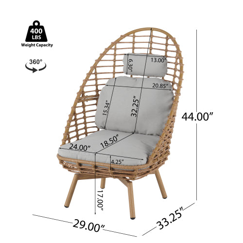 Ellis Outdoor Wicker High-back Swivel Lounge Chair, Teak Finished Leg, Light Brown Faux Rattan and Beige Cushion