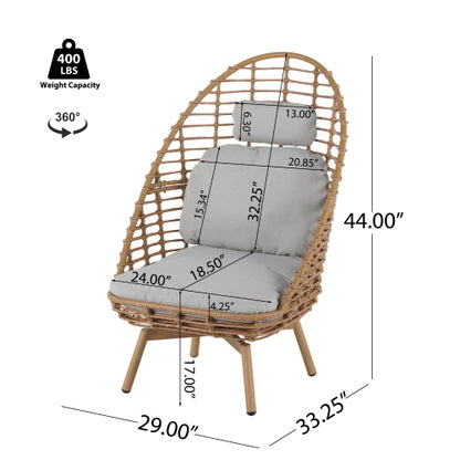 Ellis Outdoor Wicker High-back Swivel Lounge Chair, Teak Finished Leg, Light Brown Faux Rattan and Beige Cushion